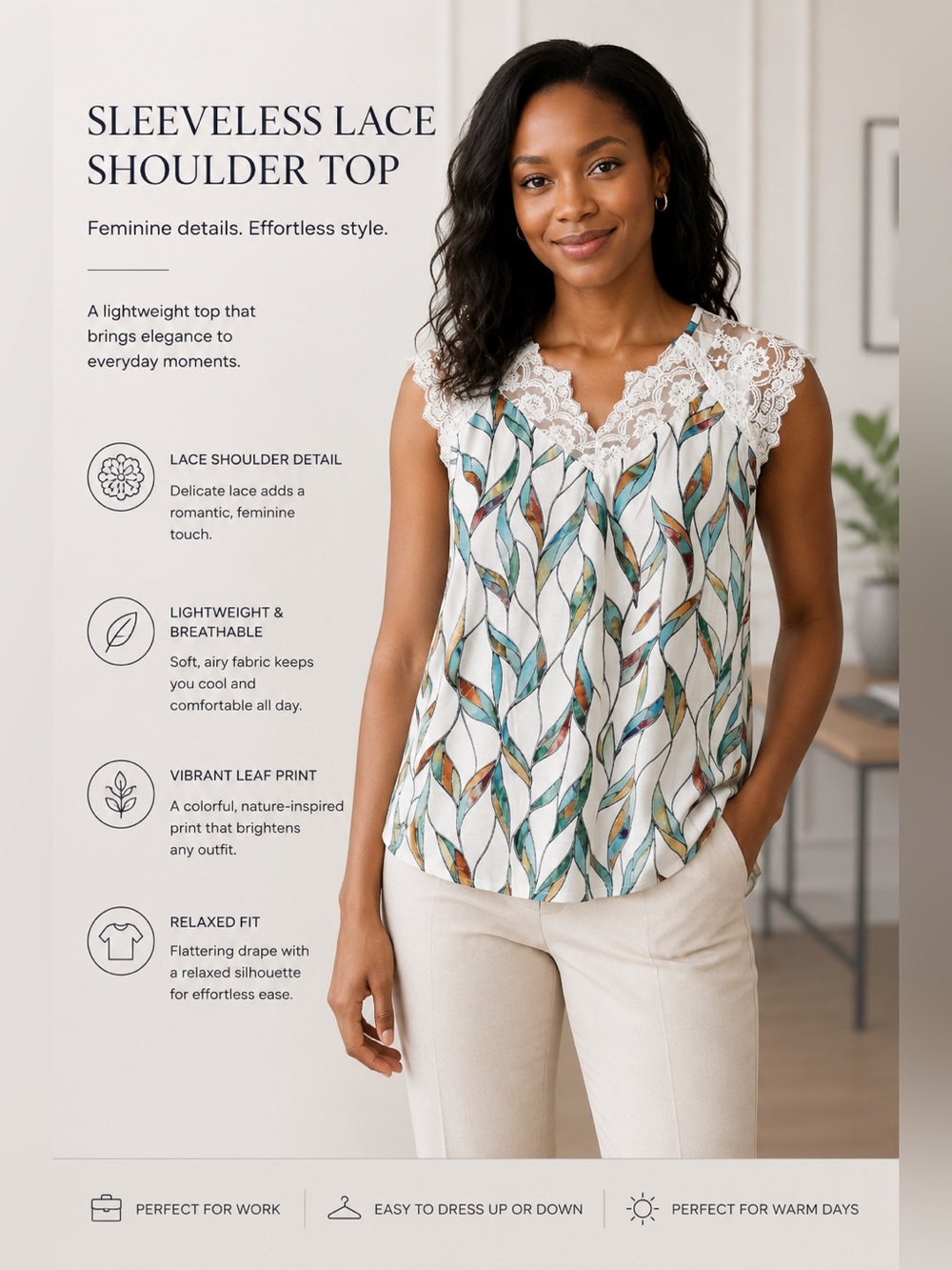 Sleeveless Lace Shoulder Leaf Print Top - White/Green Size L